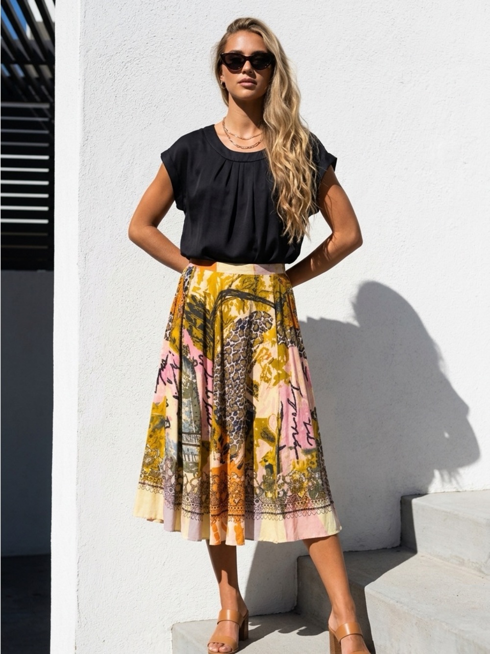 Women's Printed Midi Skirt in Yellow and Pink